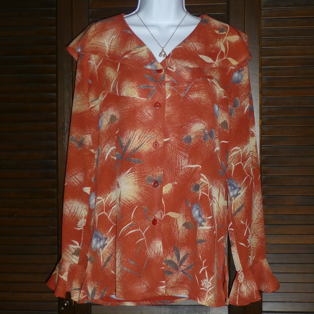 APART Orange Autumn Floral V Neck Ruffle Shirt M